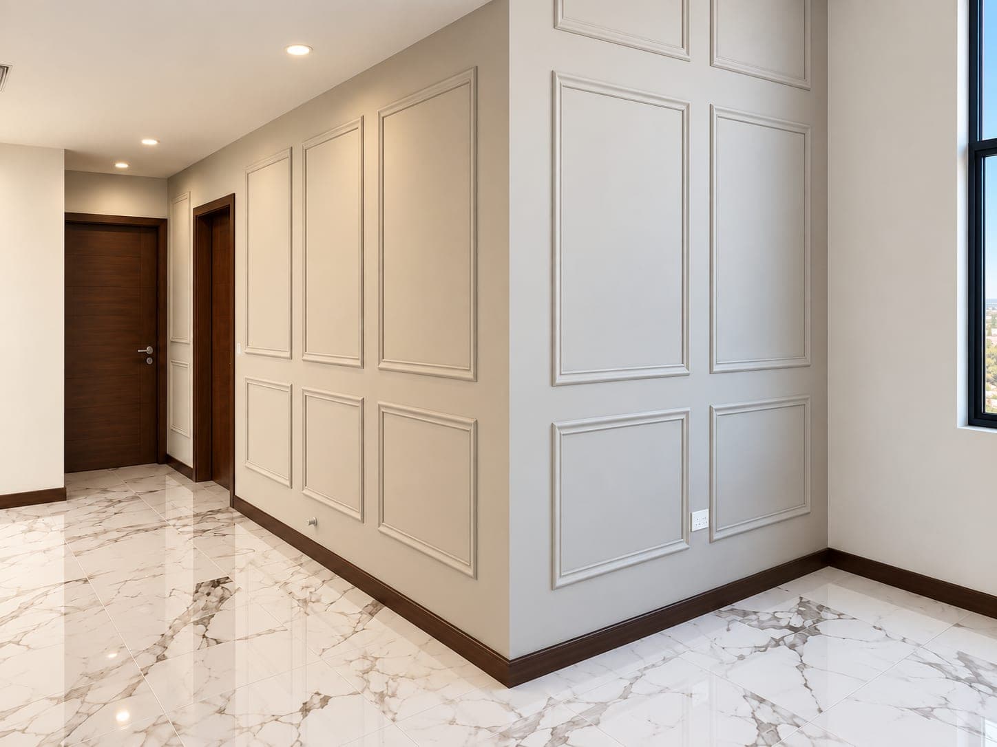 Pasillo de Casa Plenitude con muros de molduras, piso tipo mármol y puertas de madera